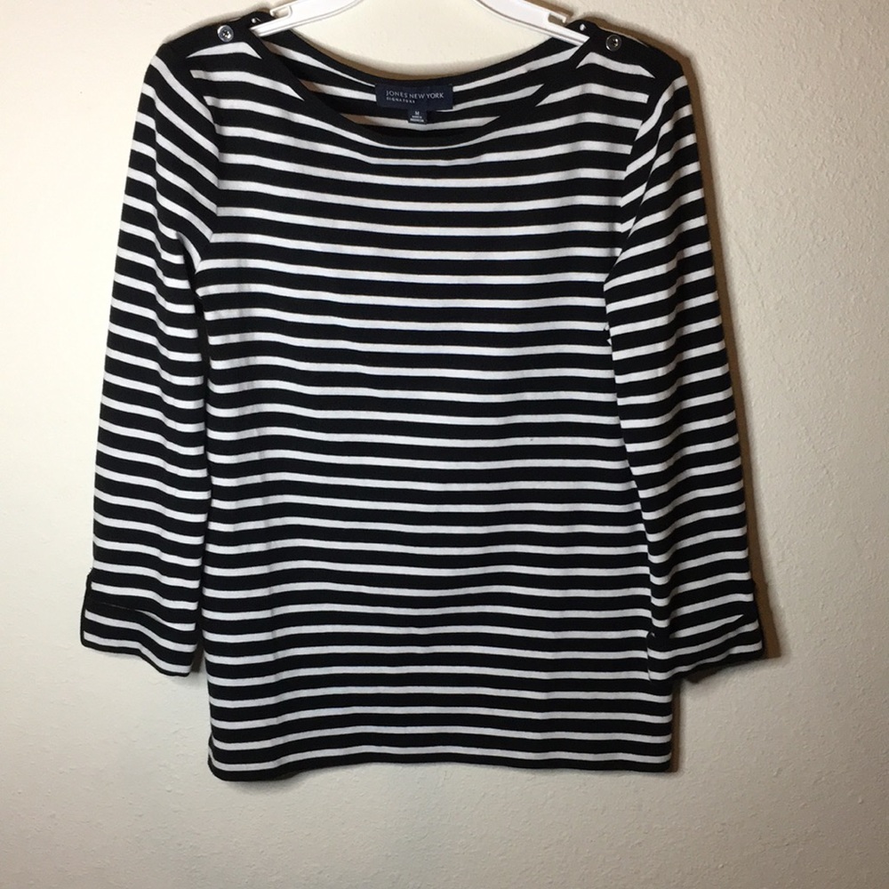 Jones New York Signature Black and White Striped Shirt Med